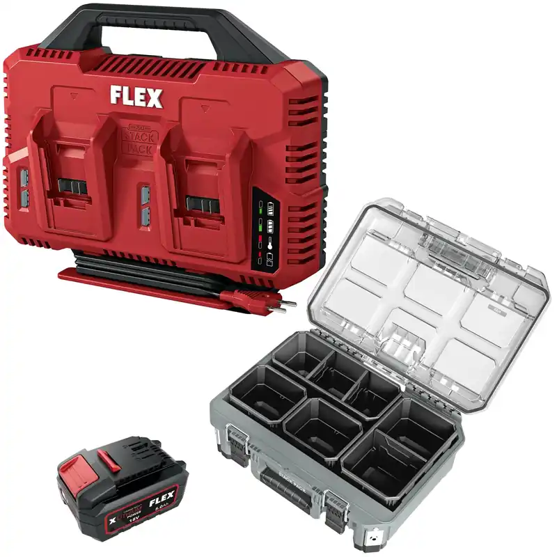 Flex-tools Accessoires 534492 CA SP 2x 12/18 + 4x AP 18/5.0 + TKL SP SO Chargeur double + 4 x batterie 18V 5.0Ah + Petit Organisateur Stack Pack