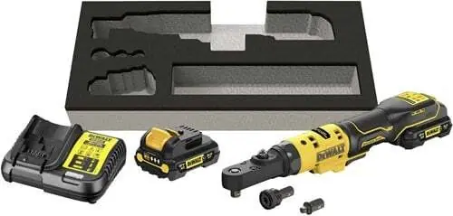 DeWalt DCF500L2G-QW Clé à cliquet d‘angle sans fil 12V XR 1/4" et 3/8" 3.0 Ah et chargeur dans la boîte