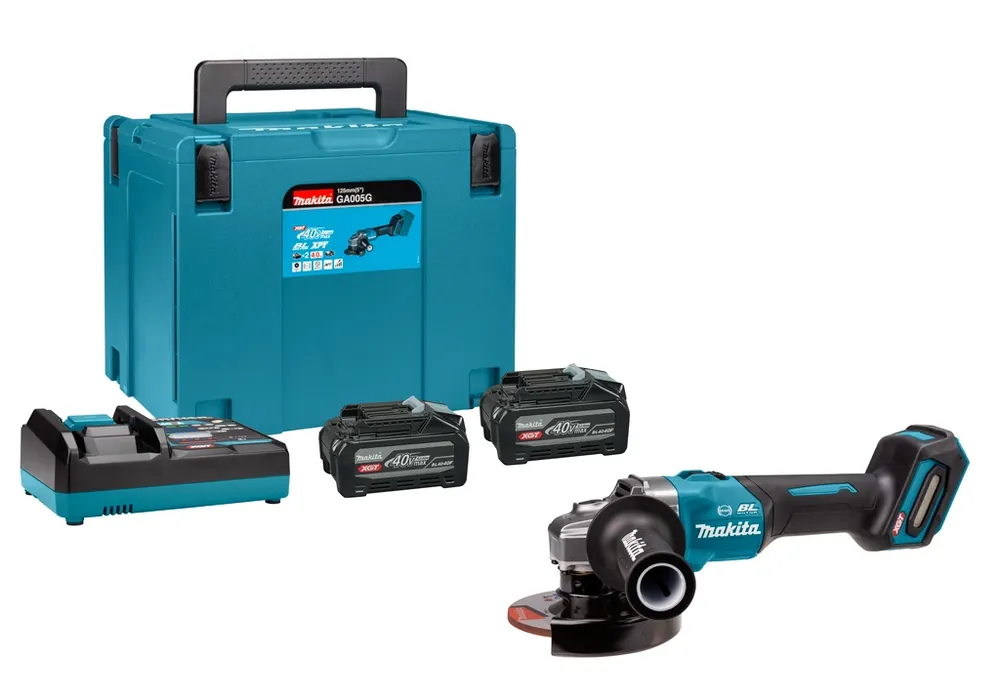 Makita GA005GU201 Meuleuse d‘angle XGT 40V Max Accu 125 mm 2x batterie 4.0 Ah et chargeur rapide + interrupteur de verrouillage dans Mbox