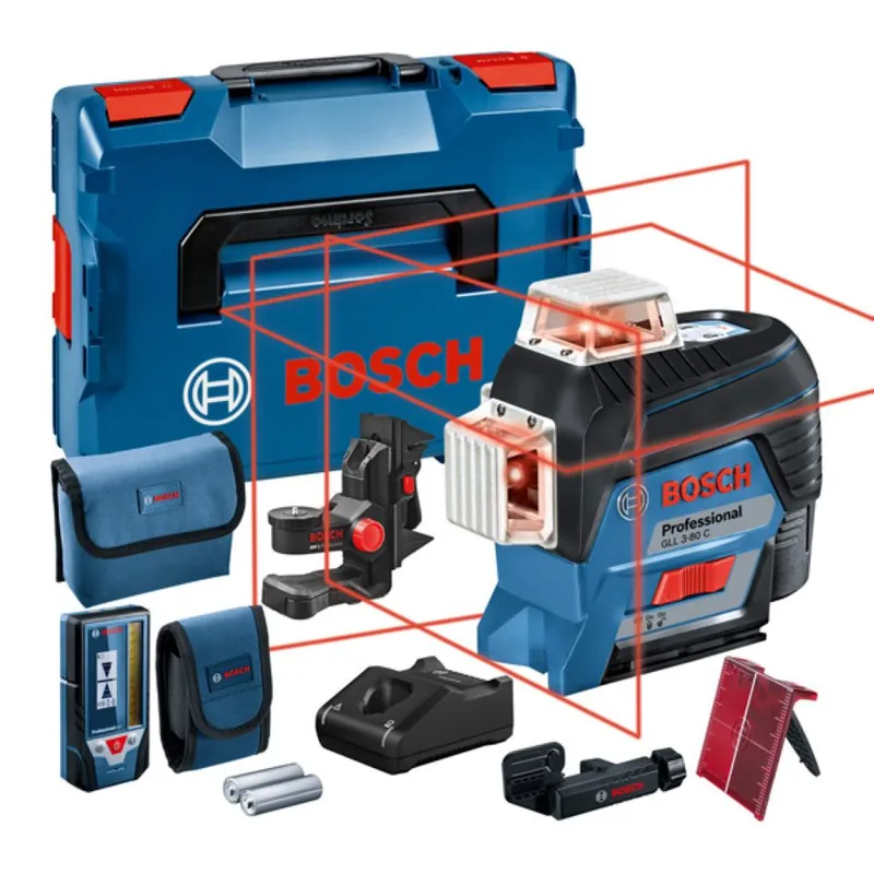 Bosch Bleu 0601063R05 GLL 3-80 C Ensemble laser de ligne 1x 12V 2.0 Ah et chargeur rapide GAL 12V-40 CV en L-BOXX