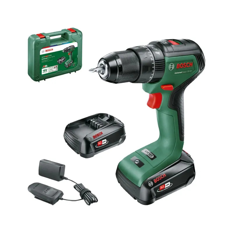 Bosch Vert 06039D7102 UniversalImpact 18V-60 Perceuse-visseuse sans fil 2x 2.0 Ah et chargeur AL 18V-20 en mallette