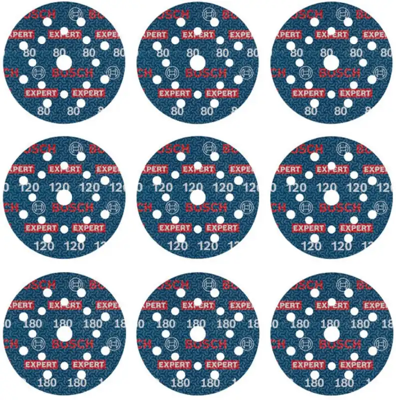 Bosch Bleu Accessoires 2608902407 EXPERT Jeu de 9 pièces Disque à poncer O780 avec support film, 125 mm, 3xG80 ; 3xG120 ; 3x180
