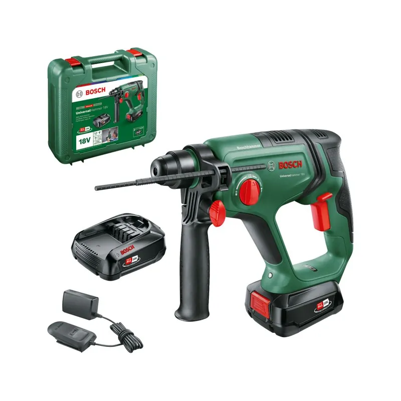 Bosch Vert 06039D6003 UniversalHammer marteau sans fil 18V 2x 2.5 Ah et chargeur AL 18V-20 en mallette