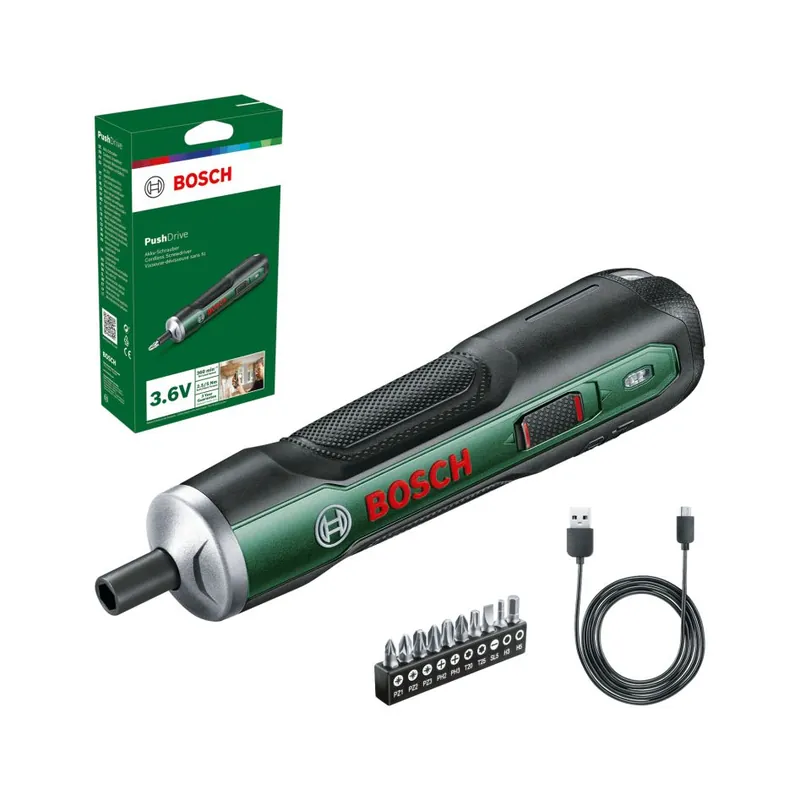 Bosch Vert 06039C6002 Jeu de tournevis sans fil PushDrive 3,6V 1,5 Ah et câble de chargement Micro-USB