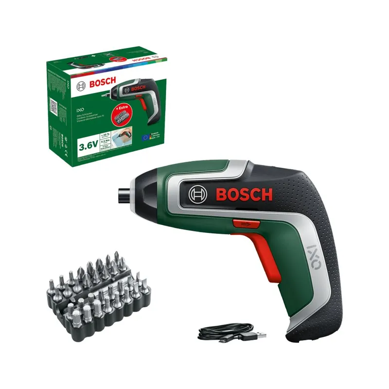 Bosch Vert 06039E000B IXO 7 Bit Set tournevis sans fil 3.6V 2.0 Ah et câble de chargement Micro-USB dans la boîte