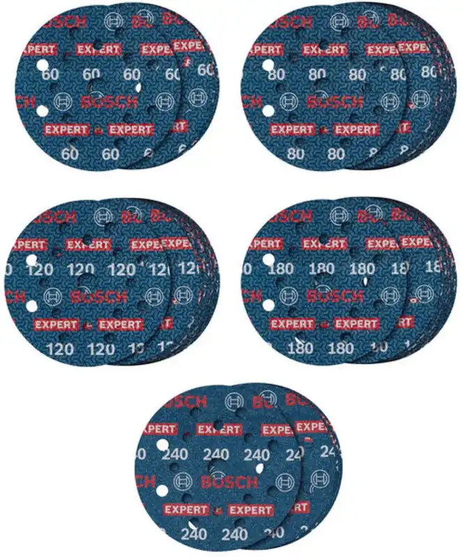Bosch Bleu Accessoires 2608902429 EXPERT Set de 55 pièces Disque à poncer O780 avec support film, 125 mm, 5xG60 ; 15xG80 ; 15xG120 ; 15xG180 ; 5xG240