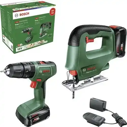 Bosch Vert 06039D810A Kit batterie perceuse à percussion 18V et scie sauteuse 18V 2x 2.0 Ah et chargeur en boîte
