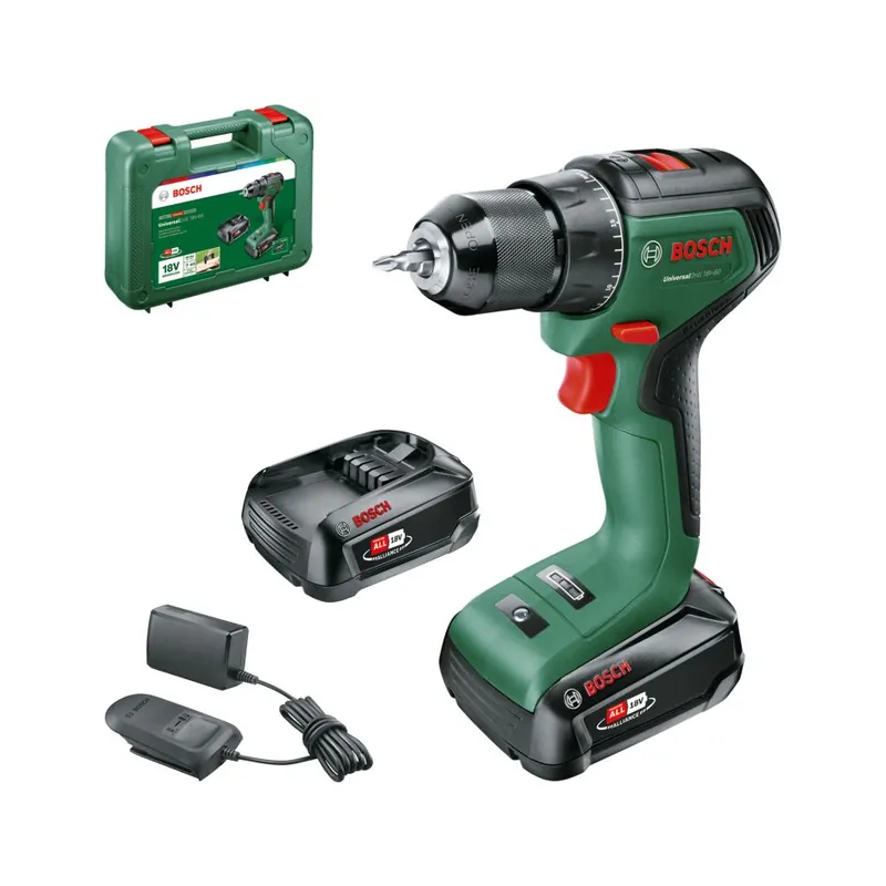 Bosch Vert 06039D7002 UniversalDrill 18V-60 Perceuse sans fil 2x 2.0 Ah et chargeur AL 18V-20 en mallette
