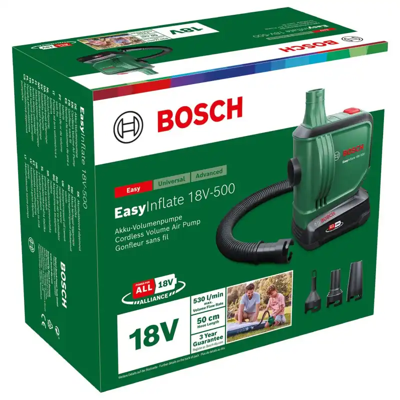Bosch Vert 0603947201 EasyInflate 18V-500 Batterie pompe à volume 1x 2.0 Ah et chargeur AL 18V-20 dans la boîte