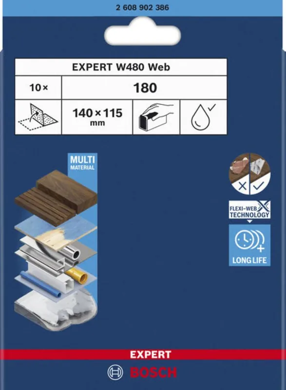 Bosch Bleu Accessoires 2608902386 EXPERT Feuille abrasive Web W480 115 x 140 mm G180 10x