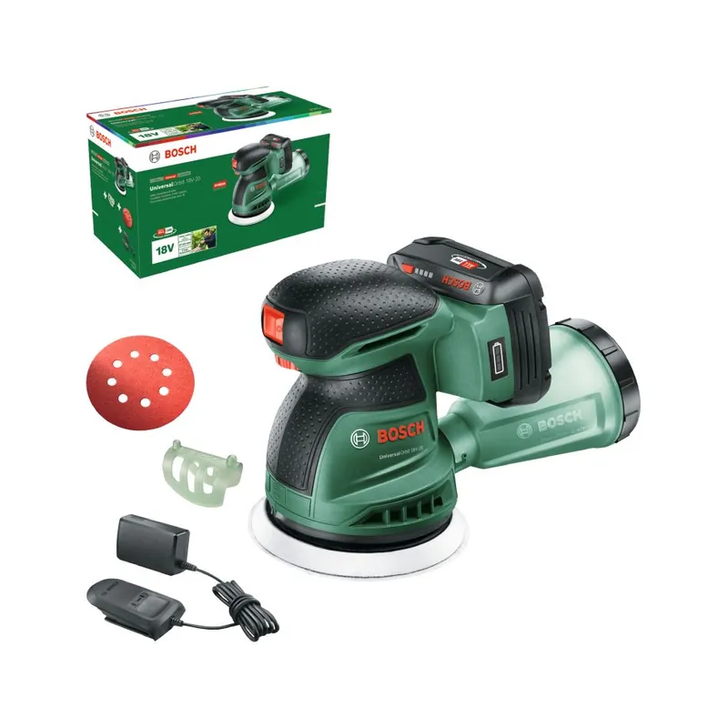 Bosch Vert 06033E4102 UniversalOrbit 18V-20 Batterie excentrique 1x 2.5 Ah et chargeur AL 18V-20