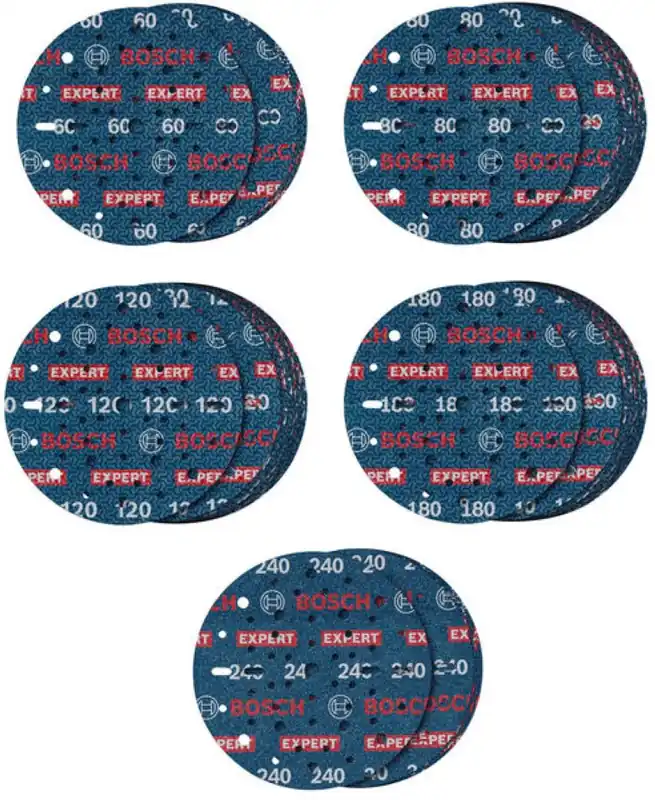 Bosch Bleu Accessoires 2608902470 EXPERT Jeu de 55 pièces Disque à poncer O780 avec support film, 150 mm, 5xG60 ; 15xG80 ; 15xG120 ; 15xG180 ; 5xG240