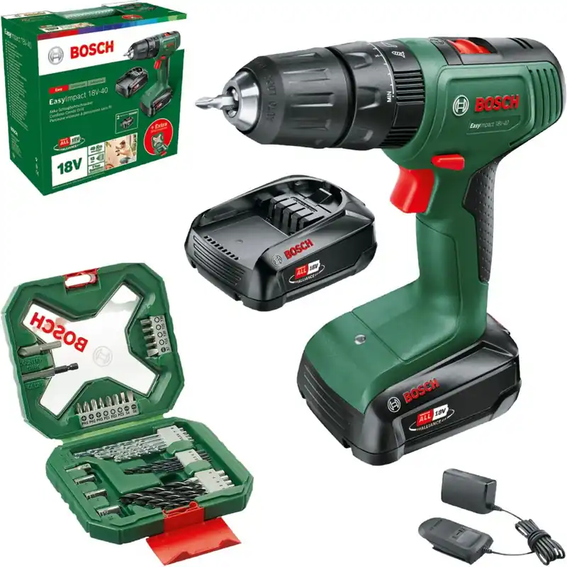 Bosch Vert 06039D8109 Perceuse sans fil EasyImpact 18V-40 2x 2.0 Ah et chargeur AL 18V-20 en boîte