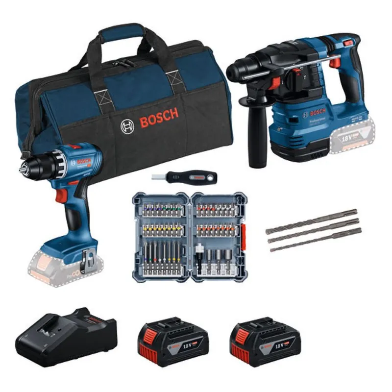 Bosch Bleu 0615V0003D Accutoolkit Combipack 18V GSR + GBH 2x GBA 18V 2.0 Ah et chargeur GAL 18V-40, set de 44 pièces avec tournevis, set de 3 marteaux perforateurs SDS-Plus-5, GSR 18V-45, GBH 18V-22
