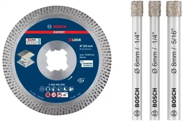 Bosch Bleu Accessoires 0615997678 Jeu de carreaux Meule diamantée avec foret sec et marqueur