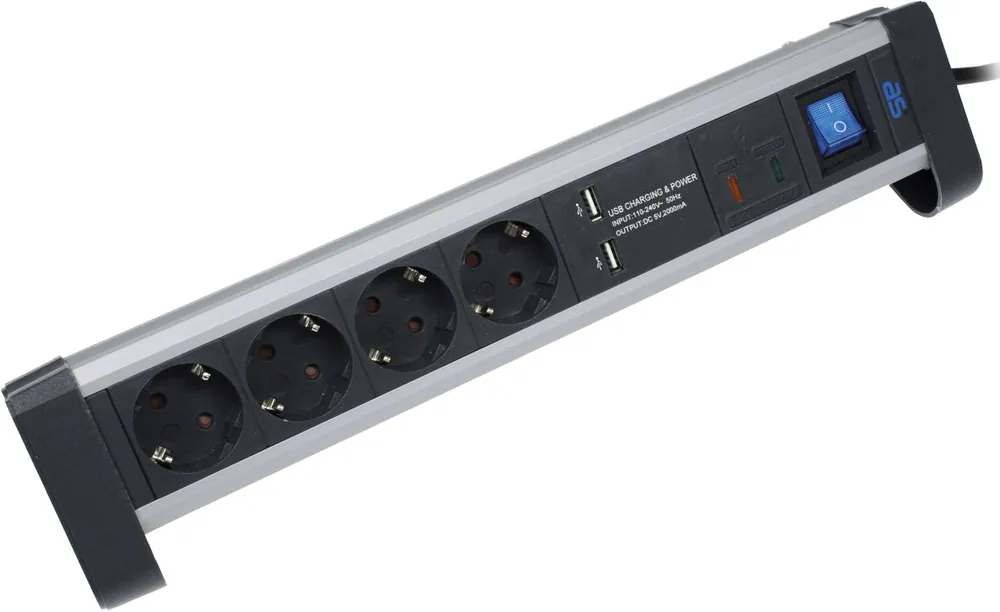 Schwabe 18361 Prise 4x mise à la terre, 2x USB câble alu/noir 1.5m