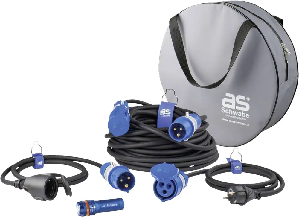Schwabe 19705 Set de camping Câble de rallonge H07RN-F 3G2,5 25m + câbles adaptateurs + torche