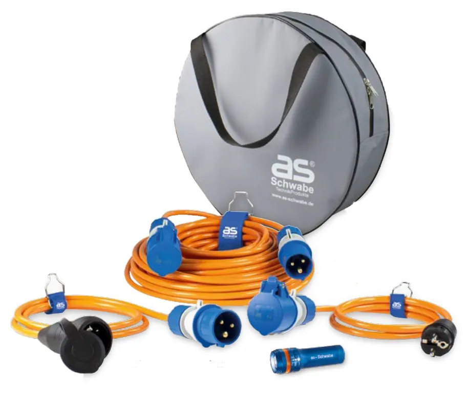 Schwabe 19706 Set de camping Câble de rallonge pour lampe électrique H07BQ-F 3G2,5 25m + câbles adaptateurs + torche