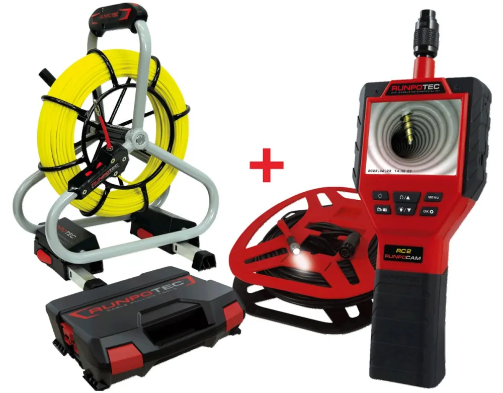Runpotec 11140 KIT ACTION Caméra d‘inspection RC2 50m + Profi-Set Ressort de traction en fibre de verre 4,5 mm 50m