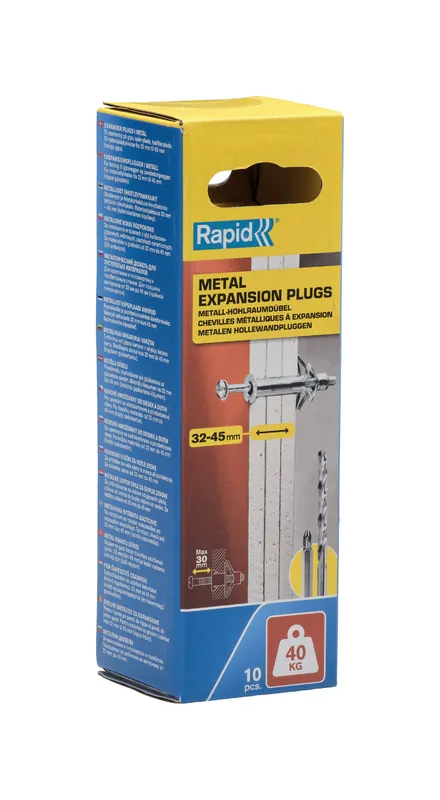 Rapid 5001552 Cheville murale creuse pour une épaisseur de panneau de 32-45 mm, capacité de charge de 40 kg