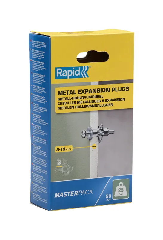 Rapid 5001560 Cheville murale creuse 50 pièces pour panneaux de 3 à 13 mm d‘épaisseur, capacité de charge de 25 kg
