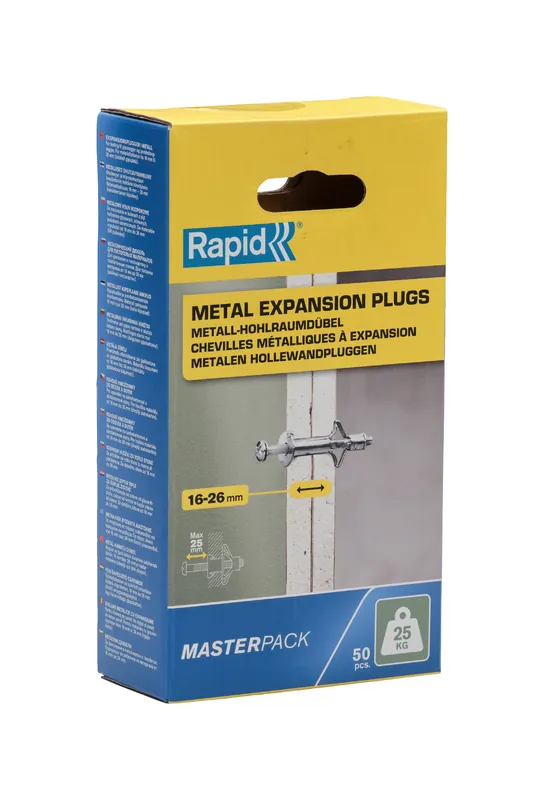 Rapid 5001561 Cheville murale creuse 50 pièces pour une épaisseur de panneau de 16-26 mm, capacité de charge de 25 kg