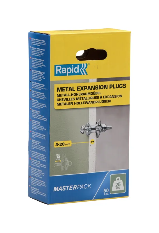 Rapid 5001562 Cheville murale creuse 50 pièces pour panneaux d‘une épaisseur de 3 à 20 mm, capacité de charge de 25 kg