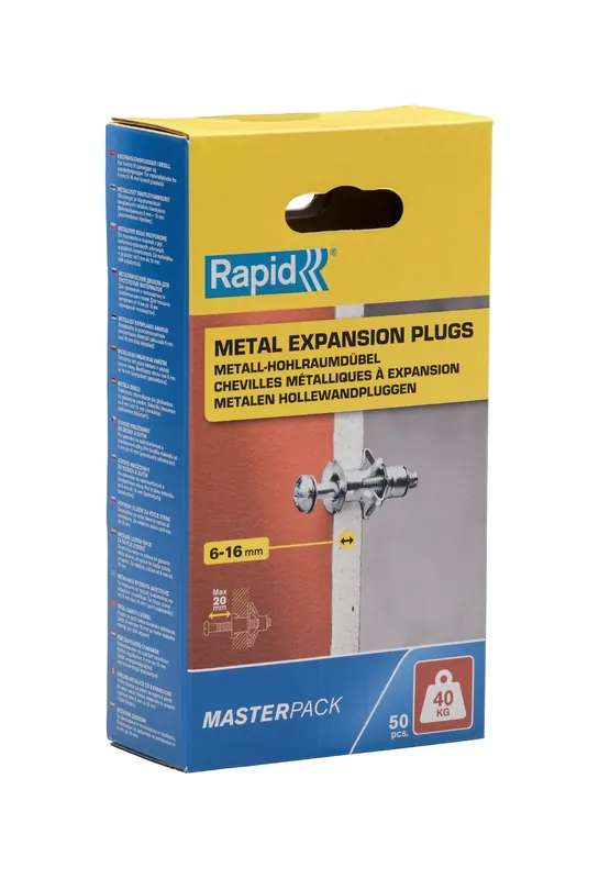 Rapid 5001563 Cheville murale creuse 50 pièces pour panneaux de 6 à 16 mm d‘épaisseur, capacité de charge de 40 kg