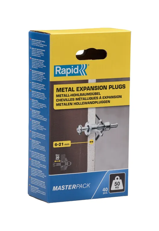 Rapid 5001567 Cheville murale creuse 40 pièces pour panneaux de 6 à 21 mm d‘épaisseur, capacité de charge de 50 kg