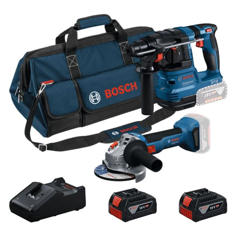 Bosch Bleu 0615V0003C Combinaison 18V GWS + GBH 2x 18V 4.0 Ah et chargeur GAL 18V-40 dans le sac à outils