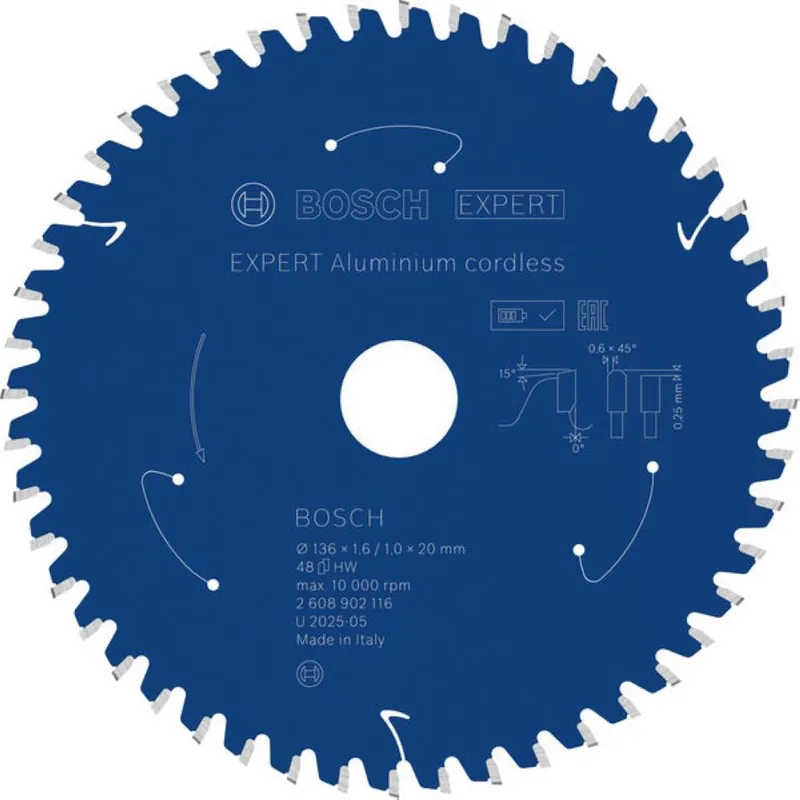Bosch Bleu Accessoires 2608902116 EXPERT Lame de scie circulaire Aluminium sans fil 136 x 1,6/1 x 20 mm T48