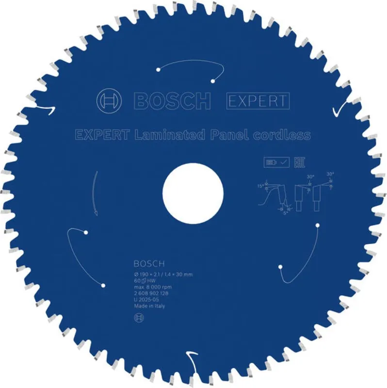 Bosch Bleu Accessoires 2608902128 EXPERT Lame de scie circulaire Panneau stratifié sans fil 190 x 2.1/1.4 x 30 mm T60
