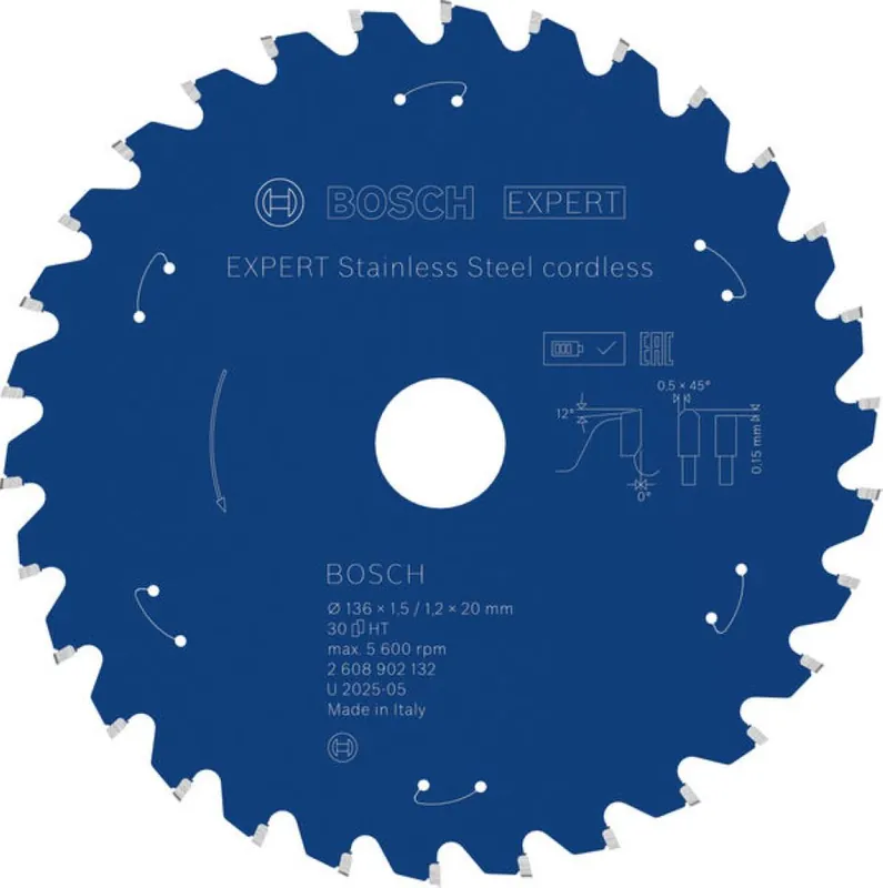 Bosch Bleu Accessoires 2608902132 EXPERT Lame de scie circulaire en acier inoxydable sans fil 136 x 1,5/1,2 x 20 mm T30