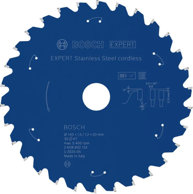 Bosch Bleu Accessoires 2608902133 EXPERT Lame de scie circulaire en acier inoxydable sans fil 140 x 1,5/1,2 x 20 mm T30