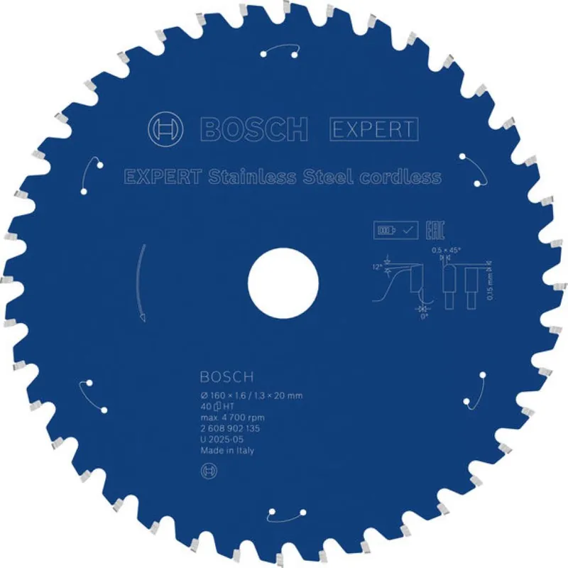 Bosch Bleu Accessoires 2608902135 EXPERT Lame de scie circulaire en acier inoxydable sans fil 160 x 1,6/1,3 x 20 mm T40