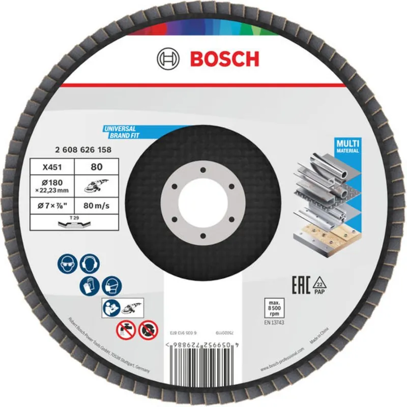 Bosch Bleu Accessoires 2608626158 Disque à lamelles X451 Multi Material ø180 mm grain 80 version angulaire