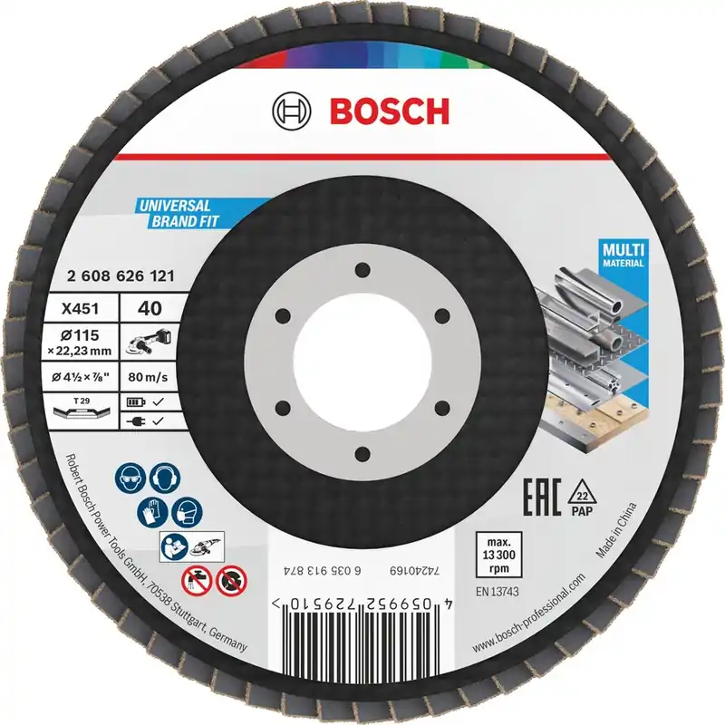 Bosch Bleu Accessoires 2608626170 Disque à lamelles X451 Multi Material ø115 mm grain 120 version à angle droit Gamme en ligne