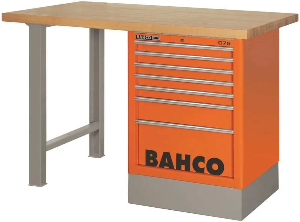 Bahco 1495K7CWB15TW Etabli avec 6 tiroirs + plan en bois orange 1500x750x1030 mm