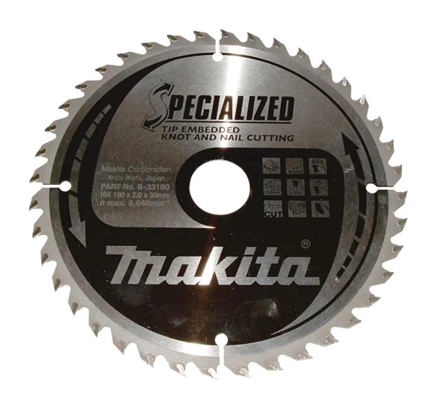 Makita Accessoires B-33180 Lame de scie circulaire Embedded Tip Bois (nœud/clou) 190x30x2,0 40T 25g